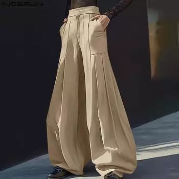 INCERUN Spring Men High Waist Ruffled Solid Color Zipper Wide Leg Pants 3XL чёрный