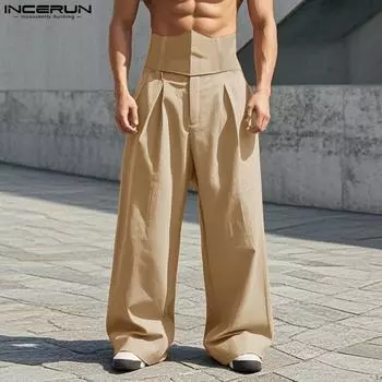 INCERUN Spring Men High Waist Zipper Straight Pants Solid Casual Long Trousers S чёрный