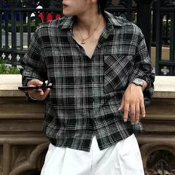 INCERUN Spring Men Lapel Collar Long Sleeve Buttons Plaid Check Shirts Tops M чёрный