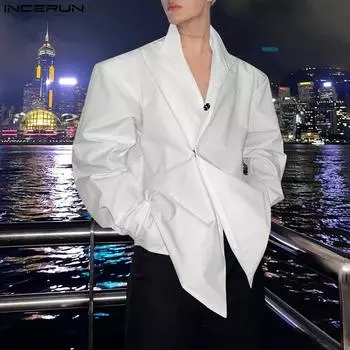 INCERUN Spring Men Lapel Long Sleeve Shirts Side Buttons Casual Tops M чёрный