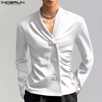 INCERUN Spring Men Long Sleeve Side Buttons Casual Ruffled Tops Shirts S чёрный