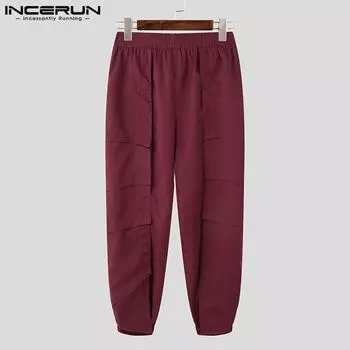 INCERUN Spring Men Multi-Pocket Pleated Solid Long Harem Pants Cargo Trousers S чёрный