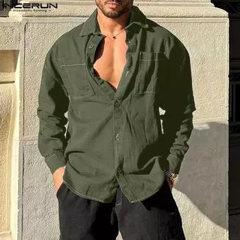 INCERUN Spring Men Shirts Long Sleeve Button Down Stitching Casual Tops S чёрный