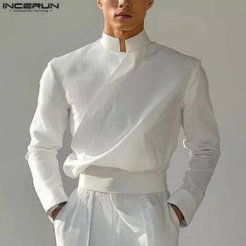 INCERUN Spring Men Stand Neck Long Sleeve Oblique Placket Texture Casual Shirts XL белый