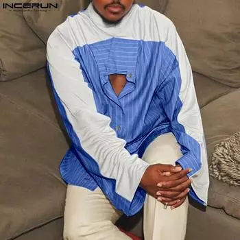 INCERUN Spring Men Tie Up Long Sleeve Striped Buttons Shirts Casual Cutout Tops 4XL розовый