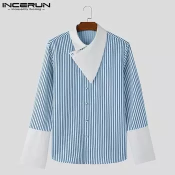INCERUN Spring Men Triangle Scarf Shirts Long Sleeve Striped Print Casual Tops 2XL белый