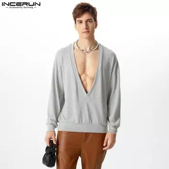 INCERUN Spring Men V Neck Long Sleeve Knitted Pullover Tops Sweaters L чёрный