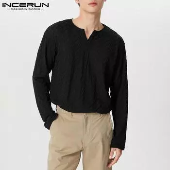 INCERUN Spring Men V-neck Long Sleeve Texture Tops Oversized T-shirts S чёрный