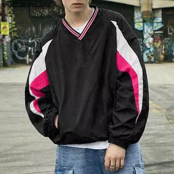 INCERUN Spring Men V Neck Print Stitching Tops Long Sleeve Drawstring Hem T-shirts XL зелёный