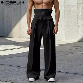 INCERUN Spring Men Zip-Up High Waist Solid Color Wide Legs Pants Long Trousers M чёрный