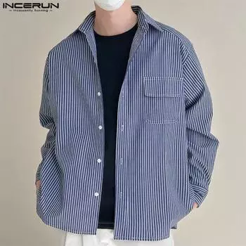INCERUN Spring Summer Men Lapel Long Sleeve Striped Print Shirts Oversized Tops S белый