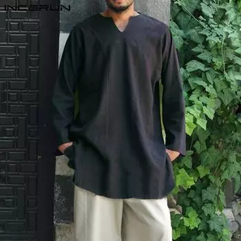 INCERUN Средневековая мужская рубашка Топы с длинными рукавами Повседневная длинная рубашка Дашики Консервативные марокеновые турецкие рубашки S-5XL XL чёрный