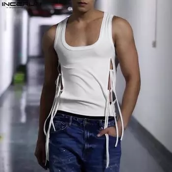 INCERUN Sumemr Мужской тонкий жилет на шнуровке с ремешком для фитнеса и тренажерного зала Майки 2XL чёрный