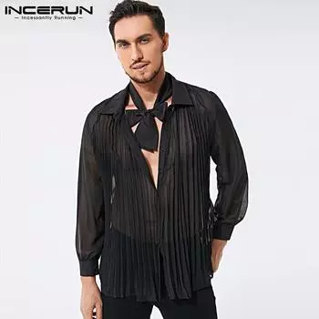 INCERUN Summe Мужская клубная одежда в сетку с галстуком, черные прозрачные топы 4XL