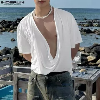 INCERUN Summer Deep Swing Collar Semi-Sheer Ruffled Casual Beach Tops T-shirts S чёрный