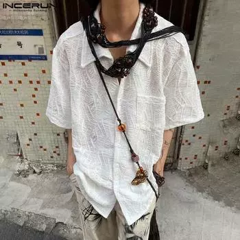 INCERUN Summer Holiday T-shirts Men Button Down Casual Crochet Shirts