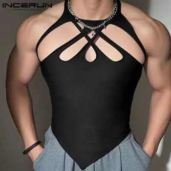 INCERUN Summer Men Bandage Strap Sleeveless Fitted Tank Tops Undershirts M чёрный
