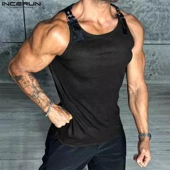 INCERUN Summer Men Belt Strap Patchwork Sleeveless Rib Skinny Tank Tops армия зеленый