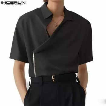 INCERUN Summer Men Cutout Neck Short Sleeve Side Zip-up Casual Shirts S чёрный