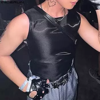 INCERUN Summer Men Glitter Sleeveless Back Bandage Party Club Skinny Tank Tops S чёрный