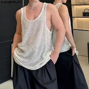 INCERUN Летние мужские прозрачные длинные жилеты с открытой прострочкой, свободные майки для пляжа XL