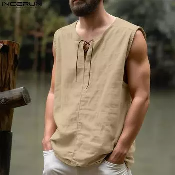 INCERUN Summer Men Lace-up Neck Sleeveless Solid Color Casual Tank Tops M чёрный