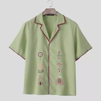 INCERUN Summer Men Lapel Embroidery Buttons Up Casual Holiday Shirts S