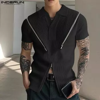 INCERUN Summer Men Lapel Neck Short Sleeve Zip-up Rib Casual Slim T-shirts Tee Tops 2XL чёрный