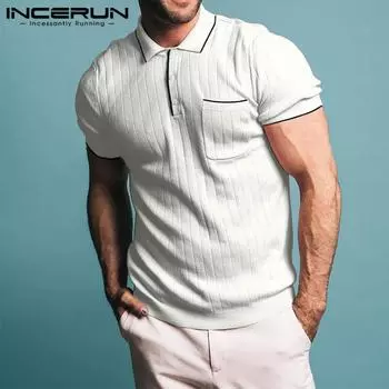 INCERUN Summer Men Lapel Neck Short Sleeve Stitching Texture Office T-shirts Tops S белый