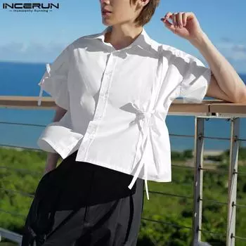 INCERUN Summer Men Lapel Neck Short Sleeve Solid Bow Knot Buttons Casual Shirts S белый