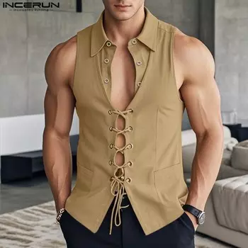 INCERUN Summer Men Lapel Neck Sleeveless Front Bandage Cross Tank Tops 3XL белый