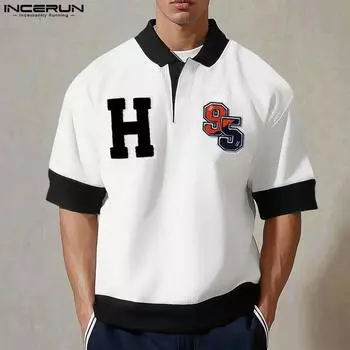 INCERUN Summer Men Lapel Short Sleeve Applique T-shirts Stitching Tops S белый