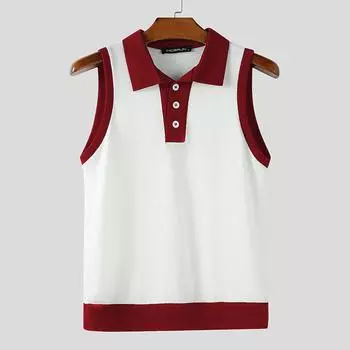 INCERUN Summer Men Lapel Sleeveless Stitching Casual Thin Fitted Tank Tops 4XL