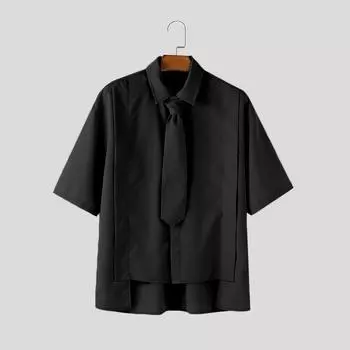 INCERUN Summer Men Lapel Tie Up Short Sleeve Buttons High Low Casual Shirts XL