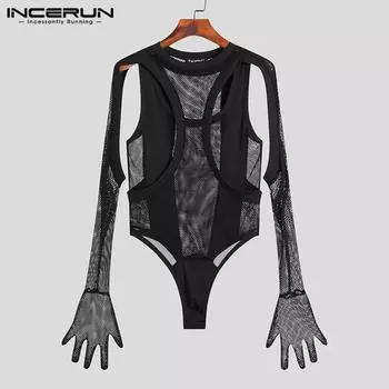 INCERUN Summer Men Long Sleeve Cutout Mesh Sheer Leotard Jumpsuits Playsuits XL