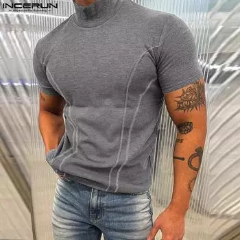INCERUN Summer Men Mockneck Short Sleeve Solid Color Casual Skinny T-shirts Tops S чёрный