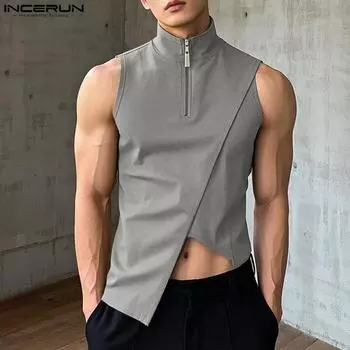 INCERUN Summer Men Mockneck Sleeveless Irregular Splits Casual Tank Tops M чёрный