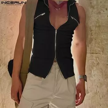 INCERUN Summer Men Mockneck Sleeveless Zipper Rib Casual Sport Gym Slim Tank Tops S чёрный