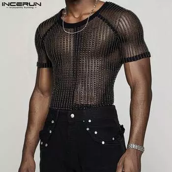 INCERUN Summer Men O-neck Short Sleeve Mesh Sheer Glitter Party Fitted T-shirts S чёрный