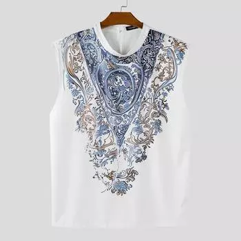 INCERUN Summer Men O Neck Sleeveless Ethnic Print Casual Loose Tank Tops 2XL