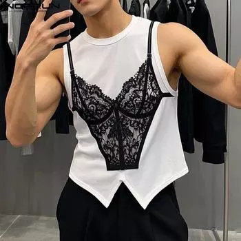 INCERUN Summer Men O-Neck Sleeveless Fun Print Casual Splits Tank Tops S белый