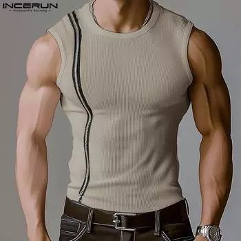 INCERUN Summer Men O Neck Zip-up Sleeveless Rib Sport Casual Fitted Tank Tops чёрный