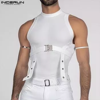INCERUN Summer Men O Neck Zip-up Sleeveless Belt Patchwork Casual Skinny Tank Tops XL
