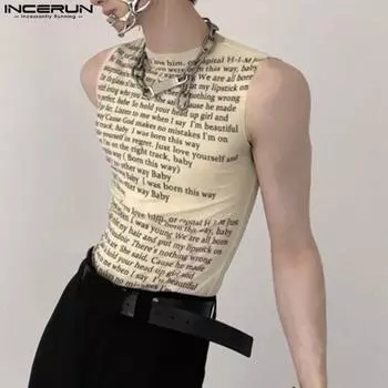 INCERUN Summer Men O NeckSleeveless Letter Print Casual Fitted Tank Tops S абрикосовый
