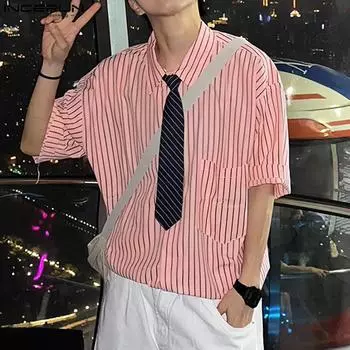 INCERUN Summer Men Oversized Short Sleeve Striped Buttons Up Casual Shirts 2XL розовый