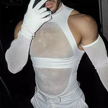 INCERUN Summer Men Oversleeve Mesh Sheer Tanks Sleeveless Party Skinny Tops S