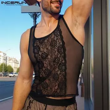 INCERUN Summer Men s Sleeveless Lace Sheer Mesh Tank Tops Club Party Wear S