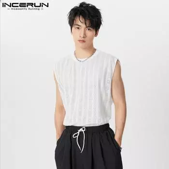 INCERUN Летние мужские прозрачные майки с ажурным кружевом и вязаным крючком жилетом S белый