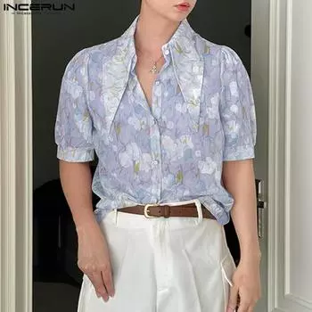 INCERUN Summer Men Short Sleeve Floral Print See Through Perspective Tops Shirts M розовый
