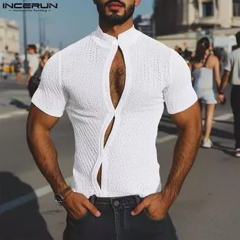 INCERUN Summer Men Short Sleeve Hollow Out Semi-Sheer Casual Texture Slim T-shirts S чёрный